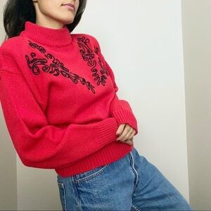 Vintage 80s Retro Knit Padded Shoulder Sweater‎ Red